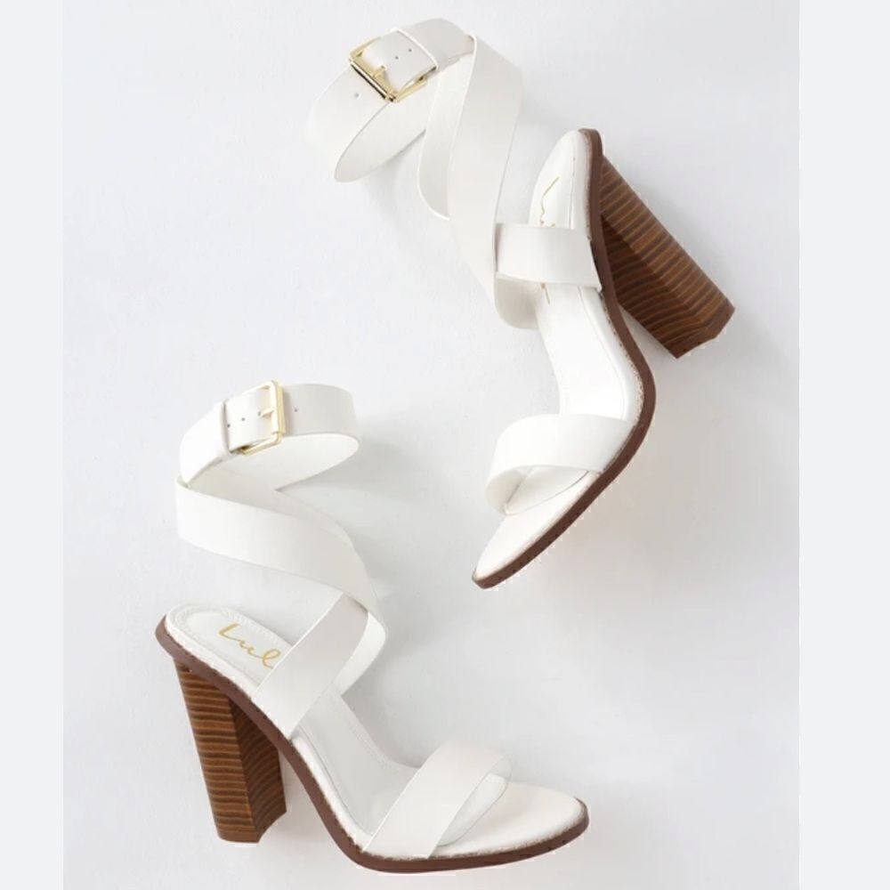 Lulu’s SHELBIE White Leather Ankle Strap Stacked Heel Open Toe Sandals